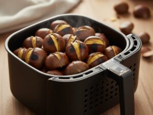 castagne cotte nel cestello di una friggitrice ad aria