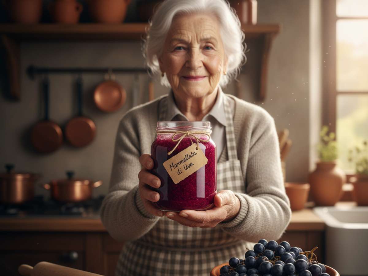 una nonna tiene in mano un barattolo di marmellata