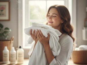 donna annusa lenzuola bianche