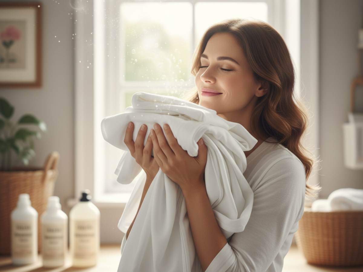 donna annusa lenzuola bianche