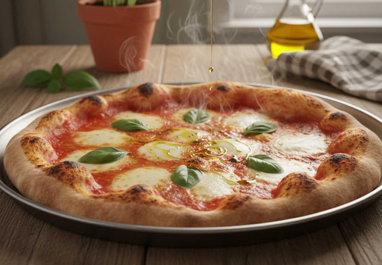 una pizza margherita con un filo di olio