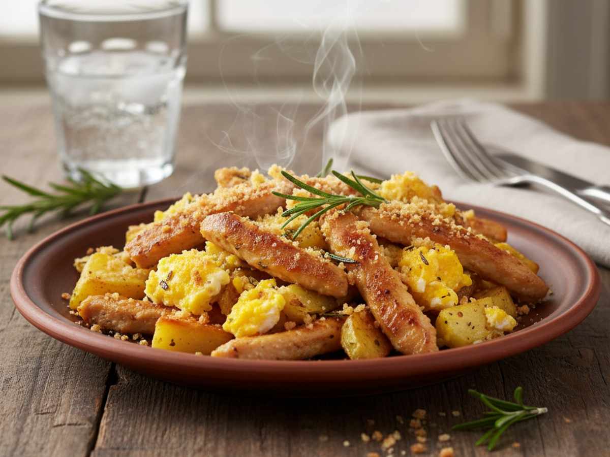 straccetti di pollo con uova strapazzate e patate
