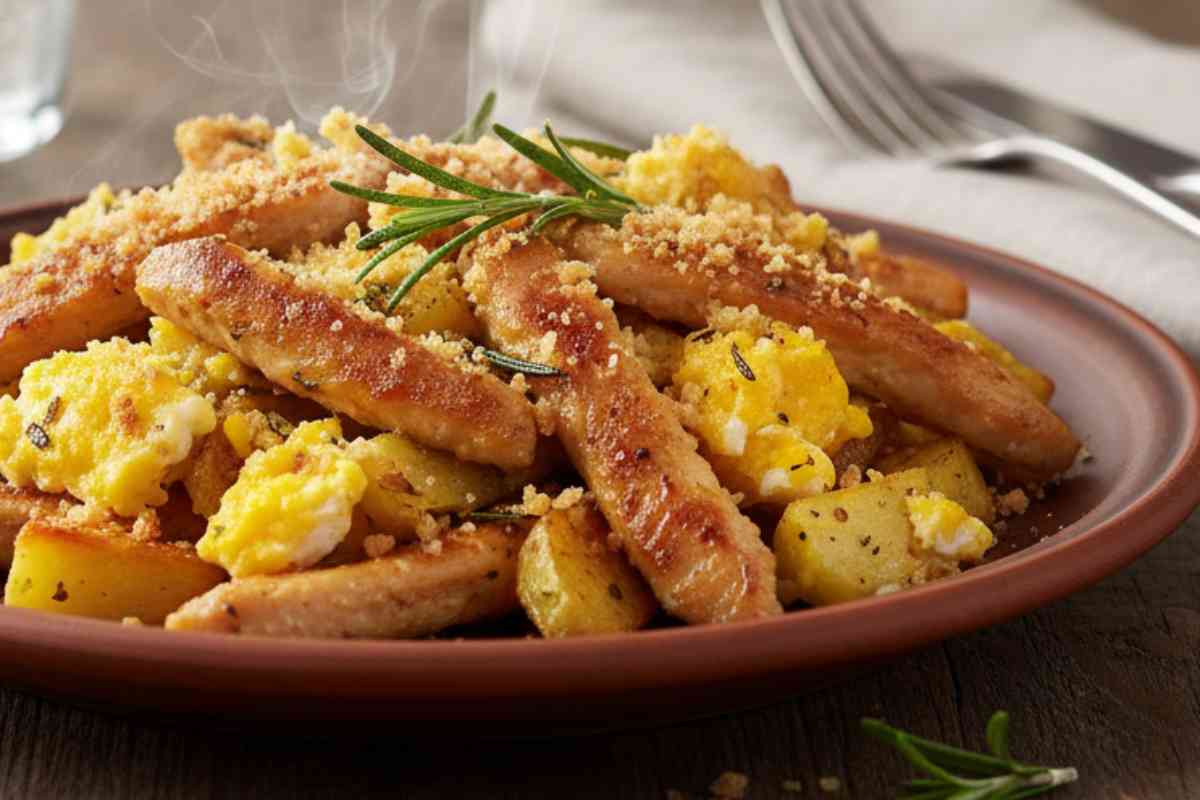 pollo a straccetti con patate e uova