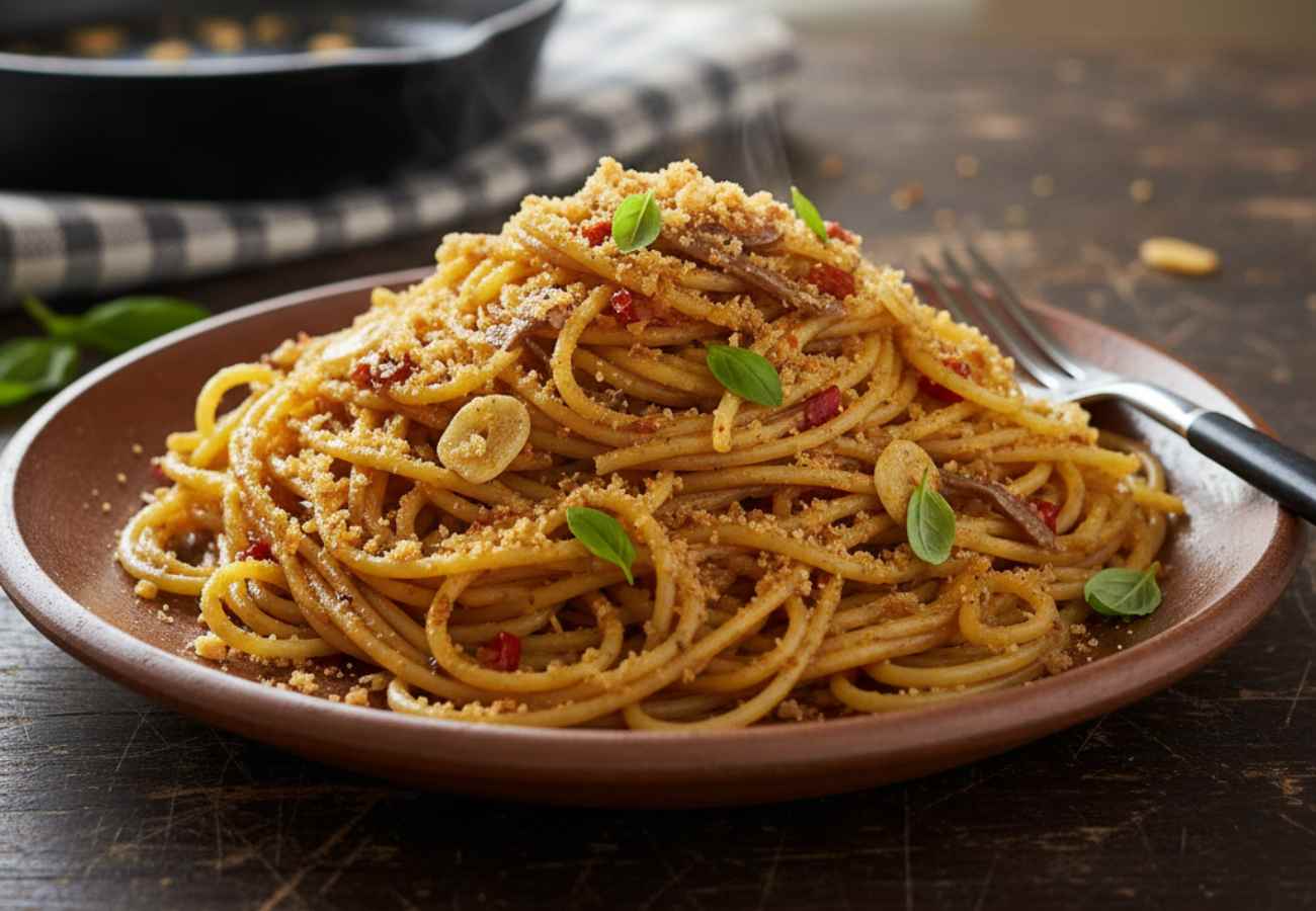 piatto di spaghetti con pangrattato, aglio e peperoncino