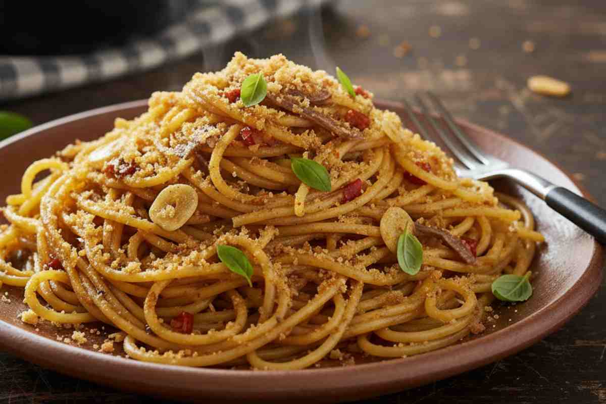 spaghetti in un piatto con basilico, aglio e peperoncino