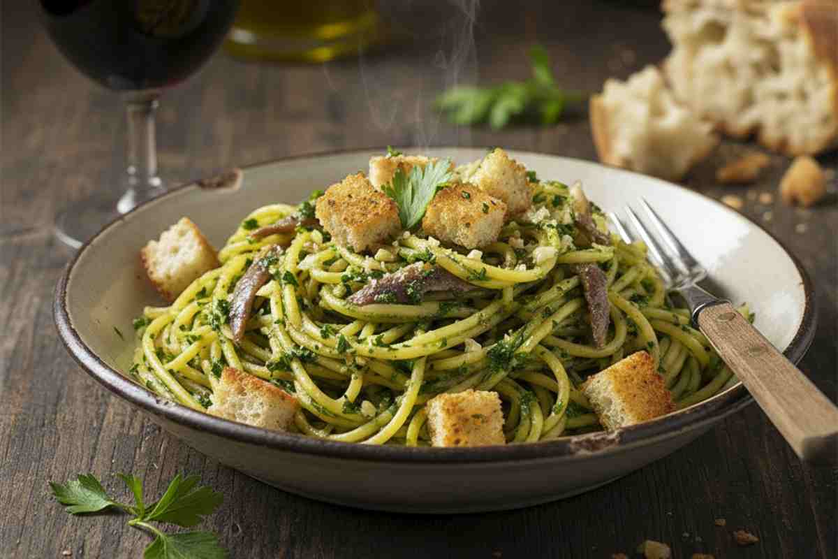 spaghetti con prezzemolo, acciughe e pane